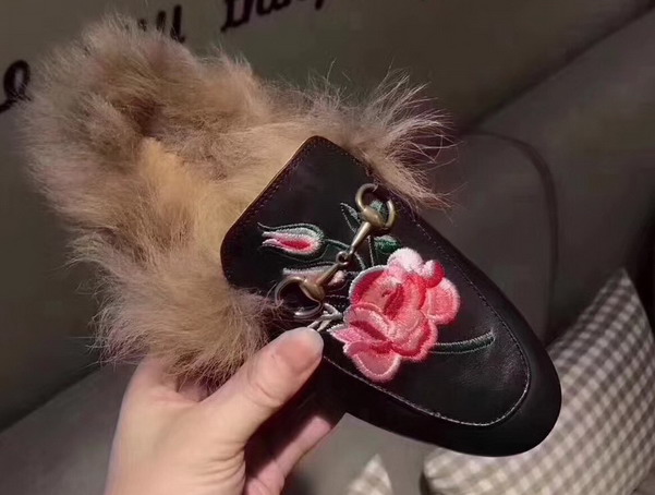 Gucci Princetown Leather Slipper in Black with Embroidered Floral