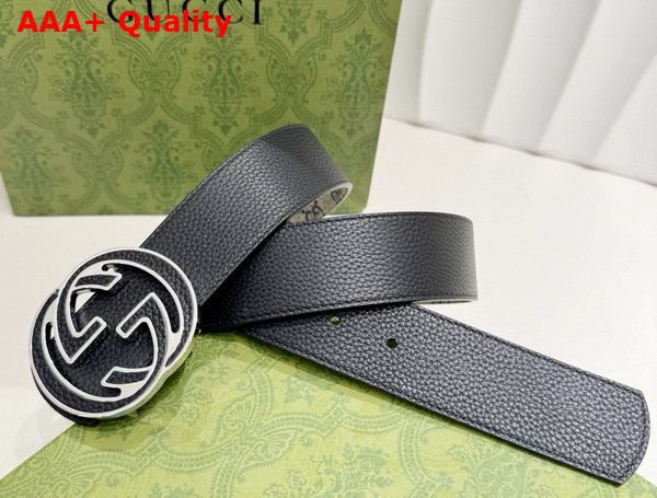 Gucci Reversible Belt with Interlocking G Buckle in Beige and Blue GG Supreme Canvas and Black Leather 812273 Replica