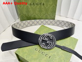 Gucci Reversible Belt with Interlocking G Buckle in Beige and Blue GG Supreme Canvas and Black Leather 812273 Replica