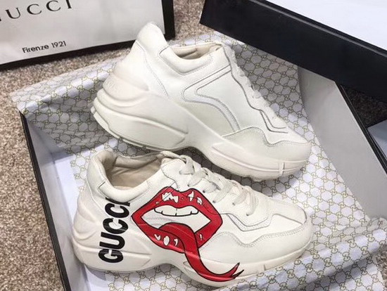 Gucci Rhyton Sneaker with Mouth Print Ivory Calfskin Leather 552093