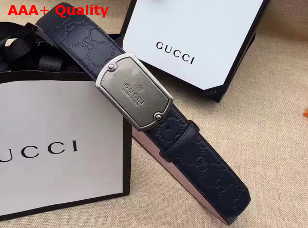 Gucci Signature Leather Belt in Navy Blue with Plaque Buckle Replica