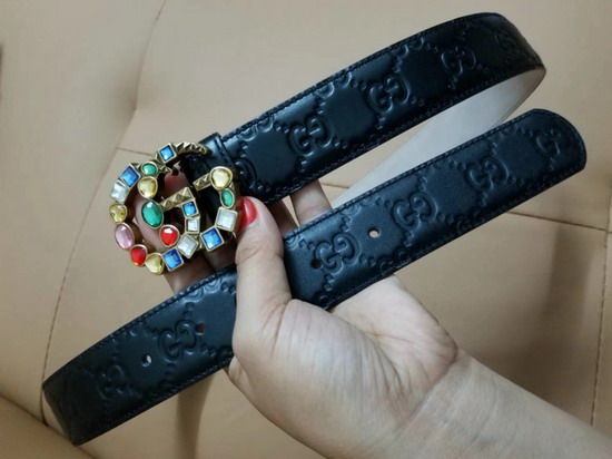 Gucci Signature Leather Belt with Crystal Double G Buckle Black
