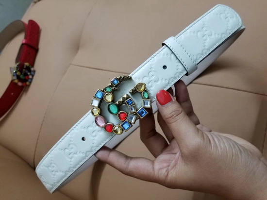 Gucci Signature Leather Belt with Crystal Double G Buckle White