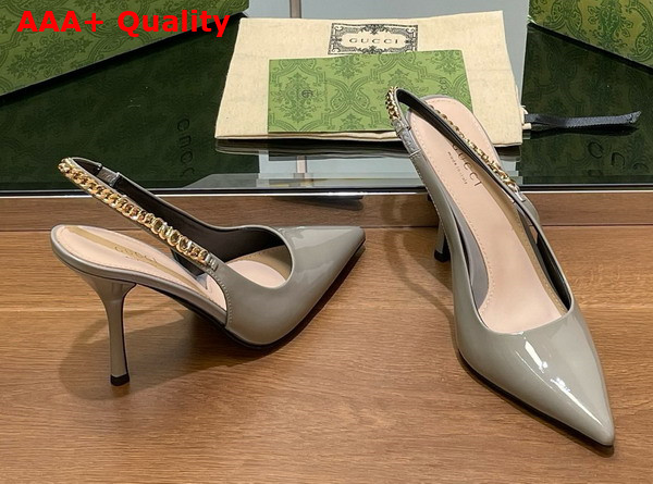 Gucci Signoria Slingback Pump in Light Grey Patent Leather 783821 Replica