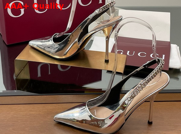 Gucci Signoria Slingback Pump in Silver Metallic Leather 812200 Replica