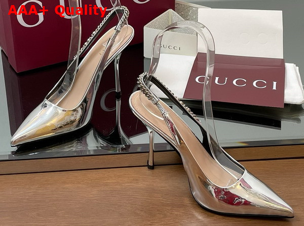Gucci Signoria Slingback Pump in Silver Metallic Leather 812200 Replica