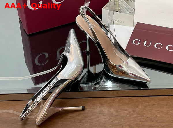 Gucci Signoria Slingback Pump in Silver Metallic Leather 812200 Replica