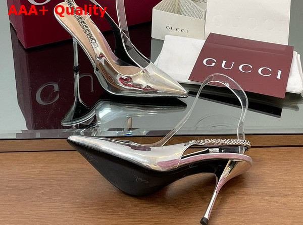 Gucci Signoria Slingback Pump in Silver Metallic Leather 812200 Replica