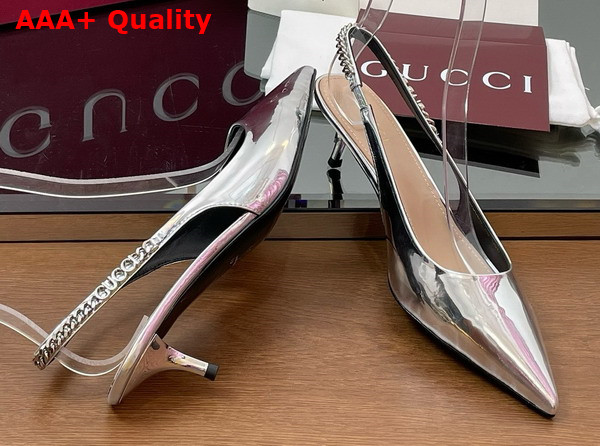 Gucci Signoria Slingback Pump in Silver Metallic Leather 812200 Replica