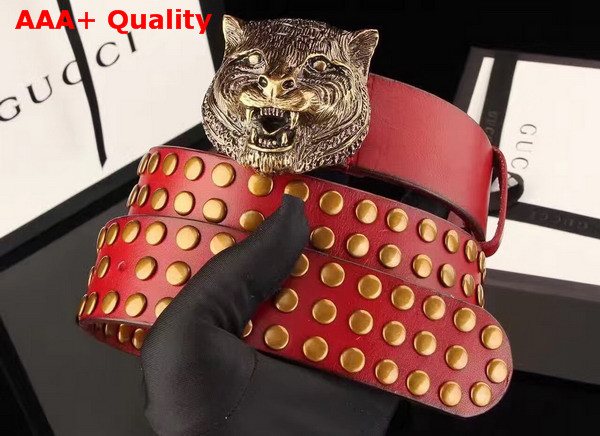 Gucci Studded Belt with Feline Buckle Red Leather Replica