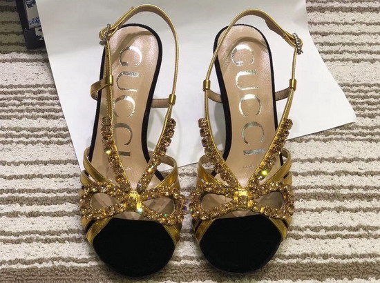 Gucci Velvet and Leather Sandal in Black Velvet and Gold Metallic Leather