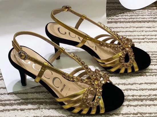 Gucci Velvet and Leather Sandal in Black Velvet and Gold Metallic Leather