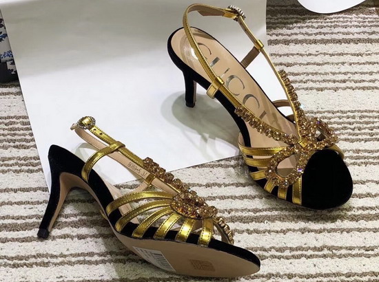 Gucci Velvet and Leather Sandal in Black Velvet and Gold Metallic Leather