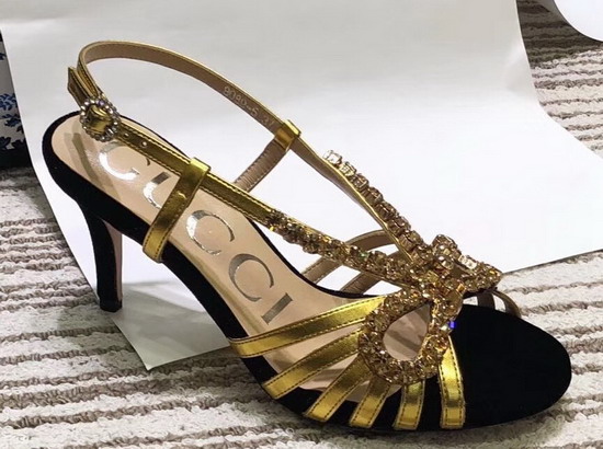 Gucci Velvet and Leather Sandal in Black Velvet and Gold Metallic Leather
