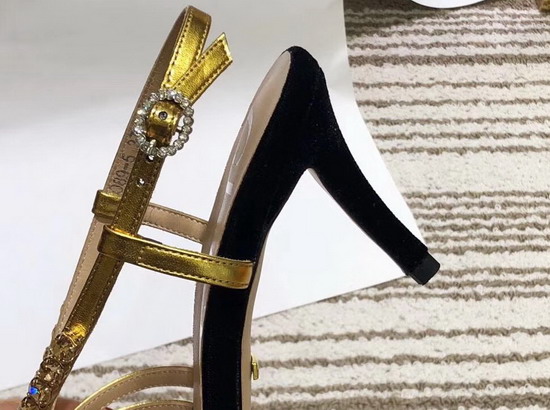 Gucci Velvet and Leather Sandal in Black Velvet and Gold Metallic Leather