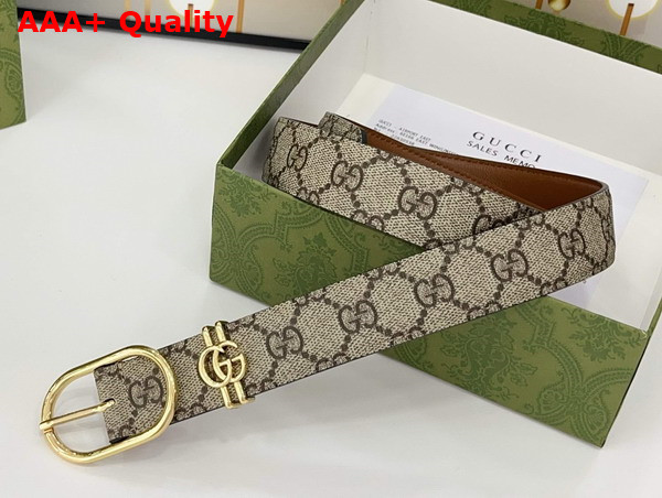 Gucci Women Belt with Oval Buckle in Beige and Dark Brown New GG Monogram Coated Fabric 813004 Replica