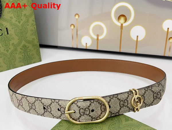 Gucci Women Belt with Oval Buckle in Beige and Dark Brown New GG Monogram Coated Fabric 813004 Replica