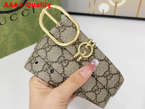 Gucci Women Belt with Oval Buckle in Beige and Dark Brown New GG Monogram Coated Fabric 813004 Replica