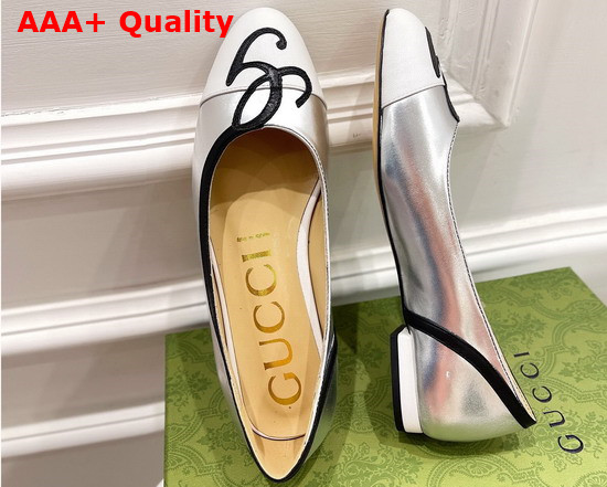 Gucci Womens Ballet Flat with G Applique Silver and White Leather 658904 Replica