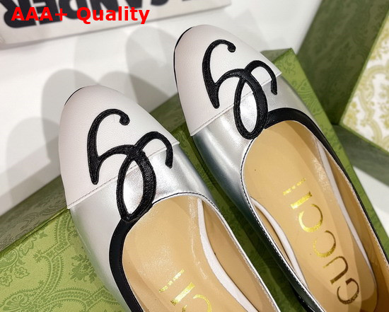 Gucci Womens Ballet Flat with G Applique Silver and White Leather 658904 Replica