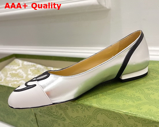 Gucci Womens Ballet Flat with G Applique Silver and White Leather 658904 Replica