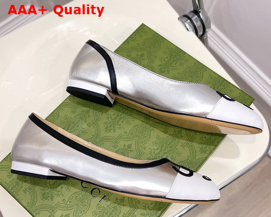 Gucci Womens Ballet Flat with G Applique Silver and White Leather 658904 Replica
