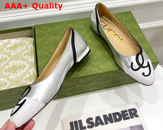 Gucci Womens Ballet Flat with G Applique Silver and White Leather 658904 Replica