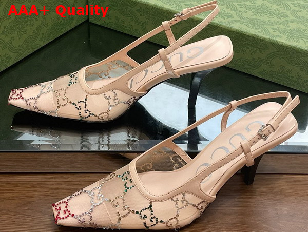 Gucci Womens GG Slingback Pump Beige Mesh with Multicolor GG Crystals 751770 Replica