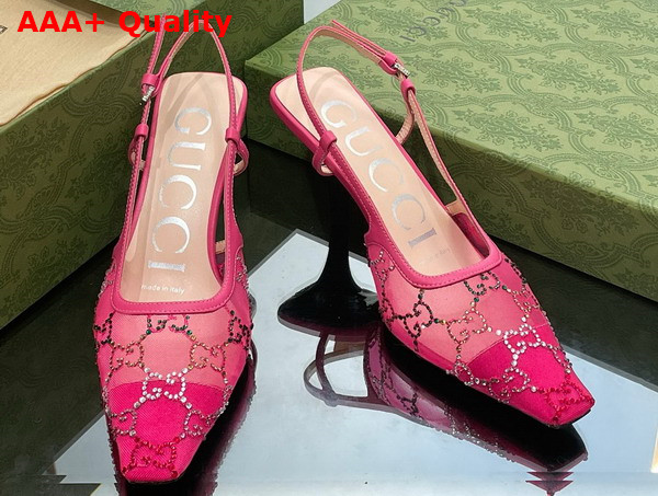 Gucci Womens GG Slingback Pump Pink Mesh with Multicolor GG Crystals 751770 Replica