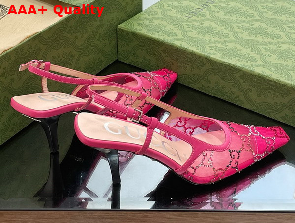 Gucci Womens GG Slingback Pump Pink Mesh with Multicolor GG Crystals 751770 Replica
