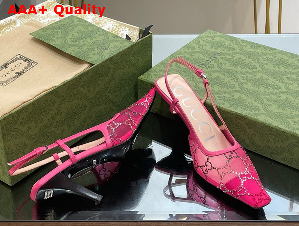 Gucci Womens GG Slingback Pump Pink Mesh with Multicolor GG Crystals 751770 Replica