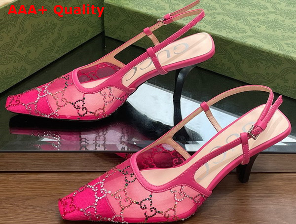 Gucci Womens GG Slingback Pump Pink Mesh with Multicolor GG Crystals 751770 Replica