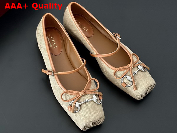 Gucci Womens Gucci Horsebit Ballet Flat in Beige and Dark Brown Original GG Canvas 814321 Replica