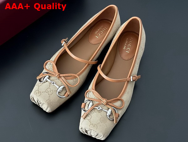 Gucci Womens Gucci Horsebit Ballet Flat in Beige and Dark Brown Original GG Canvas 814321 Replica