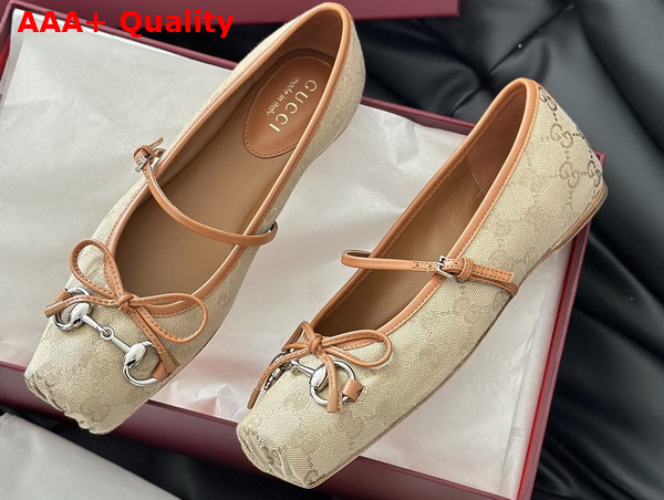 Gucci Womens Gucci Horsebit Ballet Flat in Beige and Dark Brown Original GG Canvas 814321 Replica