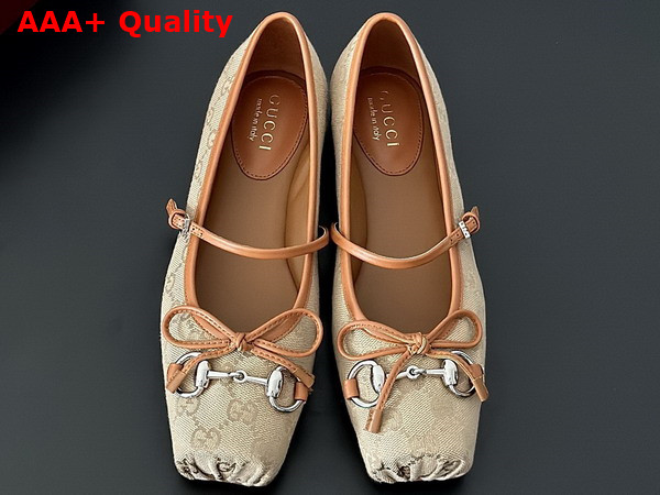 Gucci Womens Gucci Horsebit Ballet Flat in Beige and Dark Brown Original GG Canvas 814321 Replica
