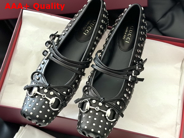 Gucci Womens Gucci Horsebit Ballet Flat in Black Leather with Allover Studs Detail 814317 Replica