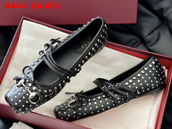 Gucci Womens Gucci Horsebit Ballet Flat in Black Leather with Allover Studs Detail 814317 Replica