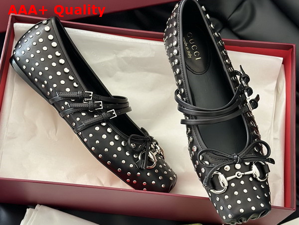 Gucci Womens Gucci Horsebit Ballet Flat in Black Leather with Allover Studs Detail 814317 Replica