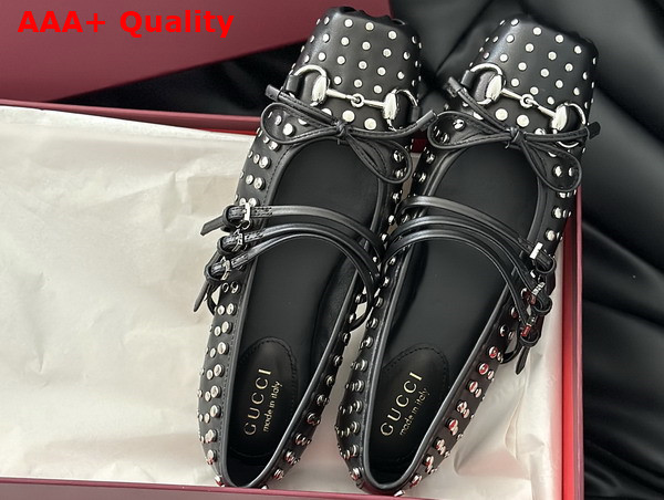 Gucci Womens Gucci Horsebit Ballet Flat in Black Leather with Allover Studs Detail 814317 Replica