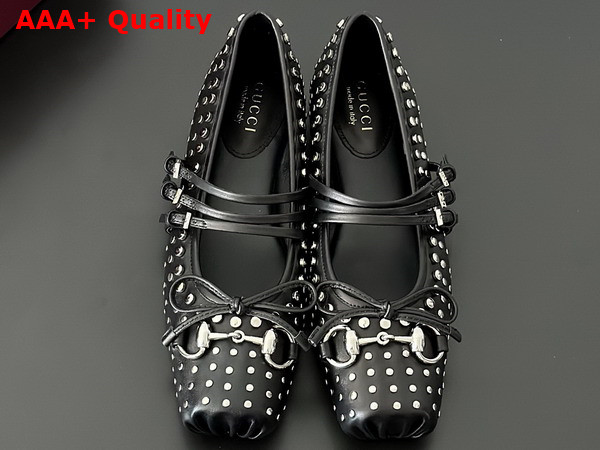 Gucci Womens Gucci Horsebit Ballet Flat in Black Leather with Allover Studs Detail 814317 Replica