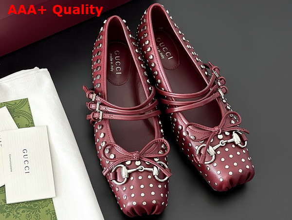 Gucci Womens Gucci Horsebit Ballet Flat in Gucci Rosso Ancora Red Leather with Allover Studs Detail 821218 Replica