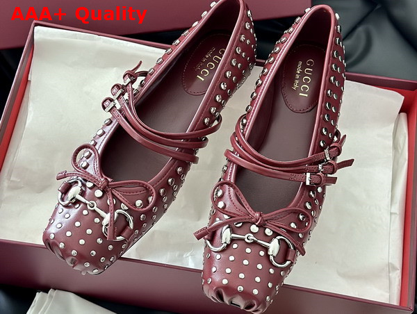 Gucci Womens Gucci Horsebit Ballet Flat in Gucci Rosso Ancora Red Leather with Allover Studs Detail 821218 Replica