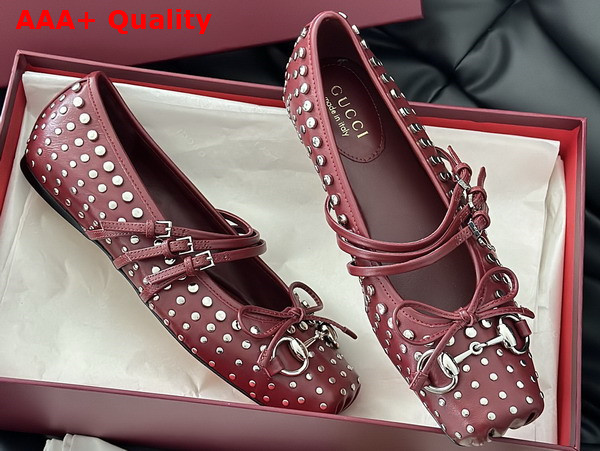 Gucci Womens Gucci Horsebit Ballet Flat in Gucci Rosso Ancora Red Leather with Allover Studs Detail 821218 Replica