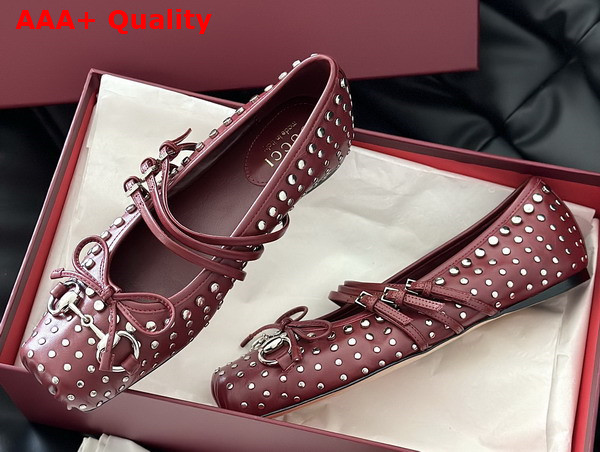 Gucci Womens Gucci Horsebit Ballet Flat in Gucci Rosso Ancora Red Leather with Allover Studs Detail 821218 Replica