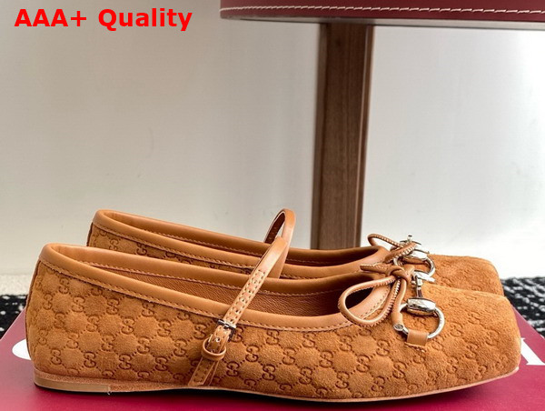 Gucci Womens Gucci Horsebit Ballet Flat in Light Brown Mini GG Suede 814413 Replica