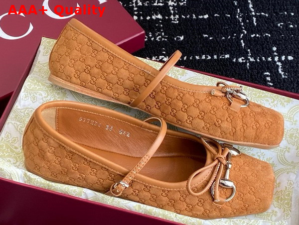Gucci Womens Gucci Horsebit Ballet Flat in Light Brown Mini GG Suede 814413 Replica