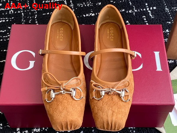 Gucci Womens Gucci Horsebit Ballet Flat in Light Brown Mini GG Suede 814413 Replica