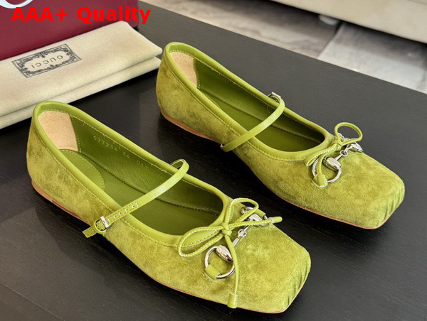 Gucci Womens Gucci Horsebit Ballet Flat in Light Green Suede 814413 Replica