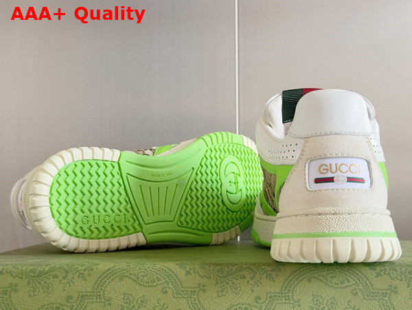 Gucci Womens Gucci Re Web Sneaker in Beige and Ebony Original GG Canvas with Fluorescent Green Leather Trim 785452 Replica